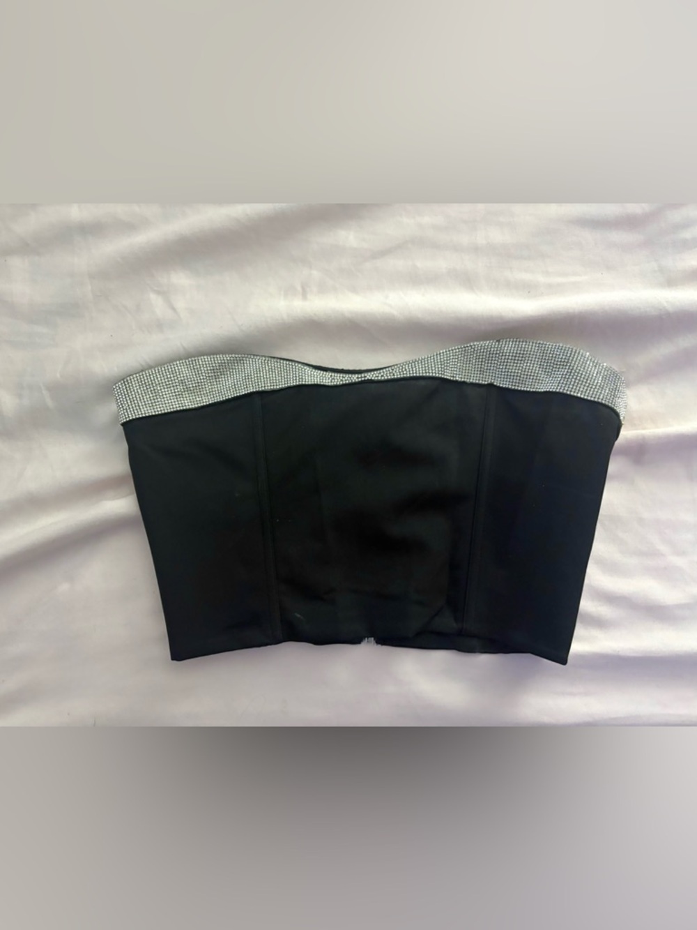White Fox Boutique Black Strapless Rhinestone Trim Crop Top